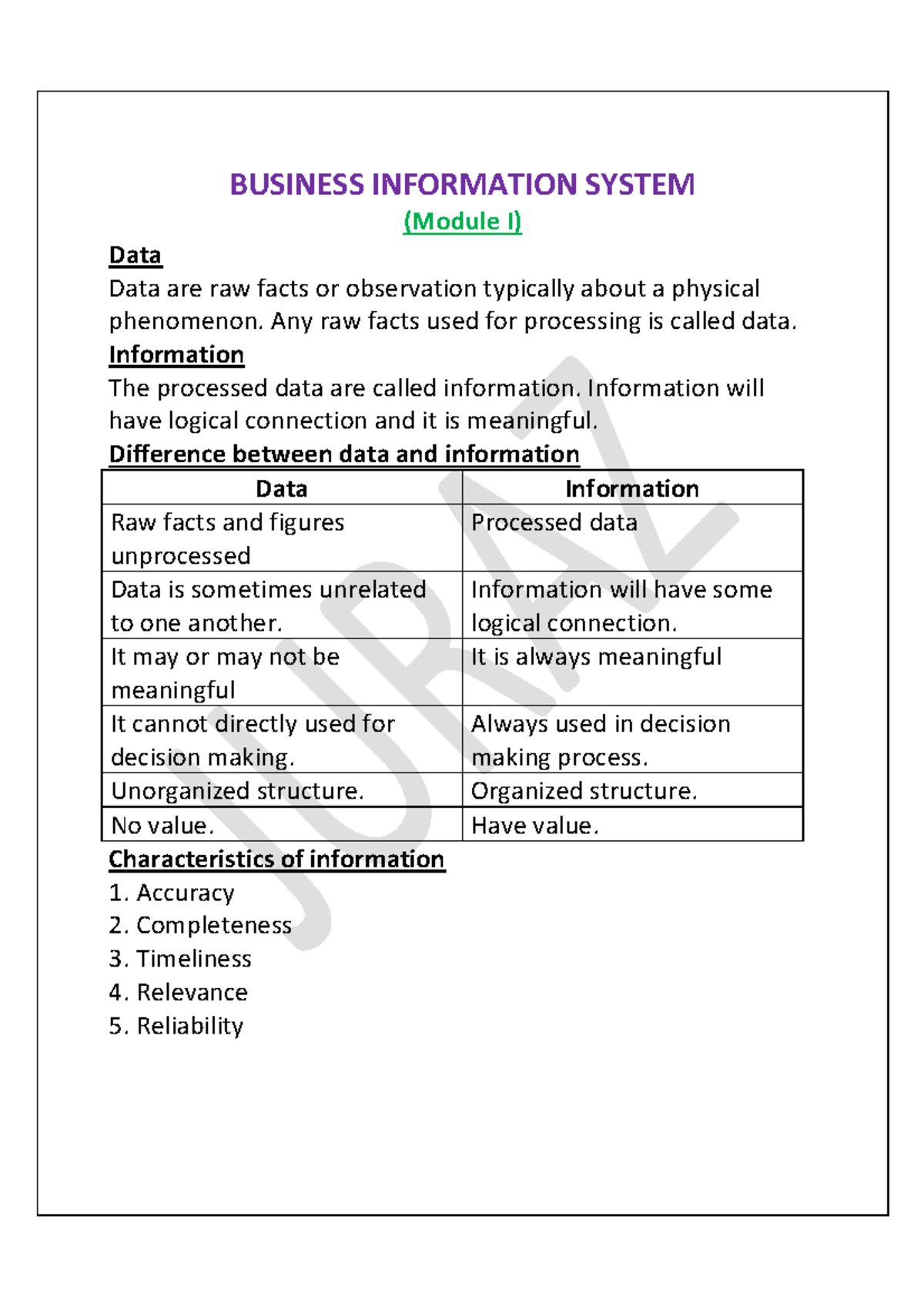 Bi's 2 - Study note - BUSINESS INFORMATION SYSTEM (Module I) Data Data ...