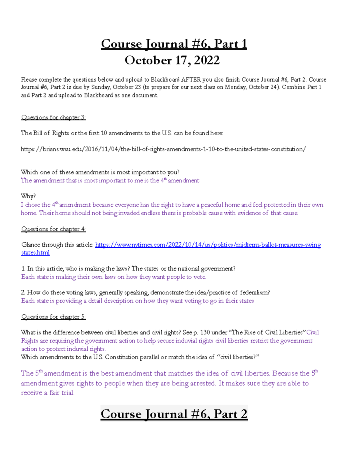 POLS 1001 Course Journal 6 Course Journal 6, Part 1 October 17