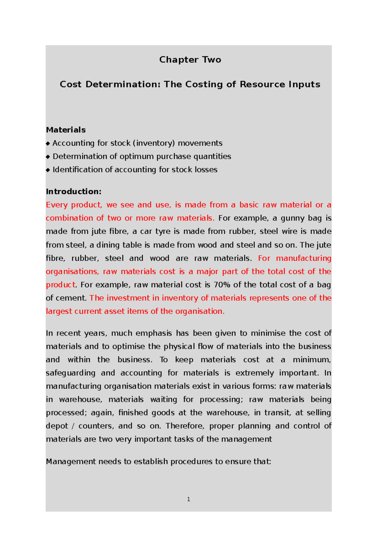 Cost 1 cha 2 useful lecture notes Chapter Two Cost Determination