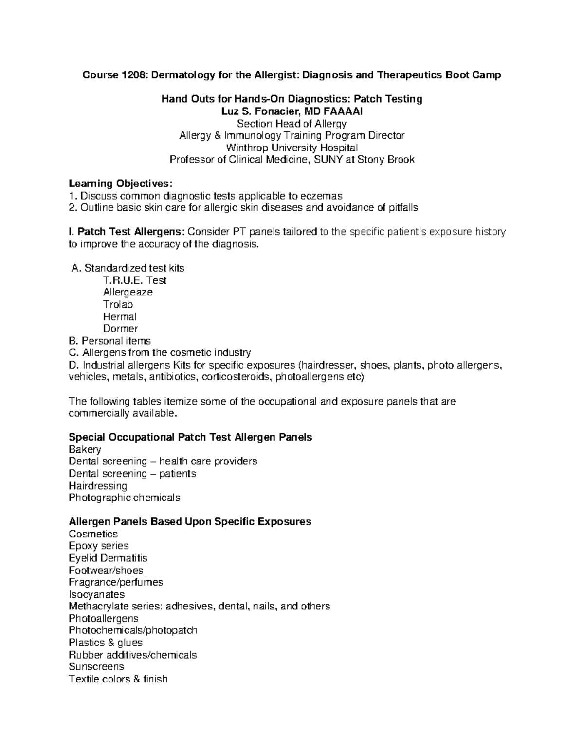 Hand outs for Patch Testing Session 12-3-13 - Course 1208: Dermatology ...