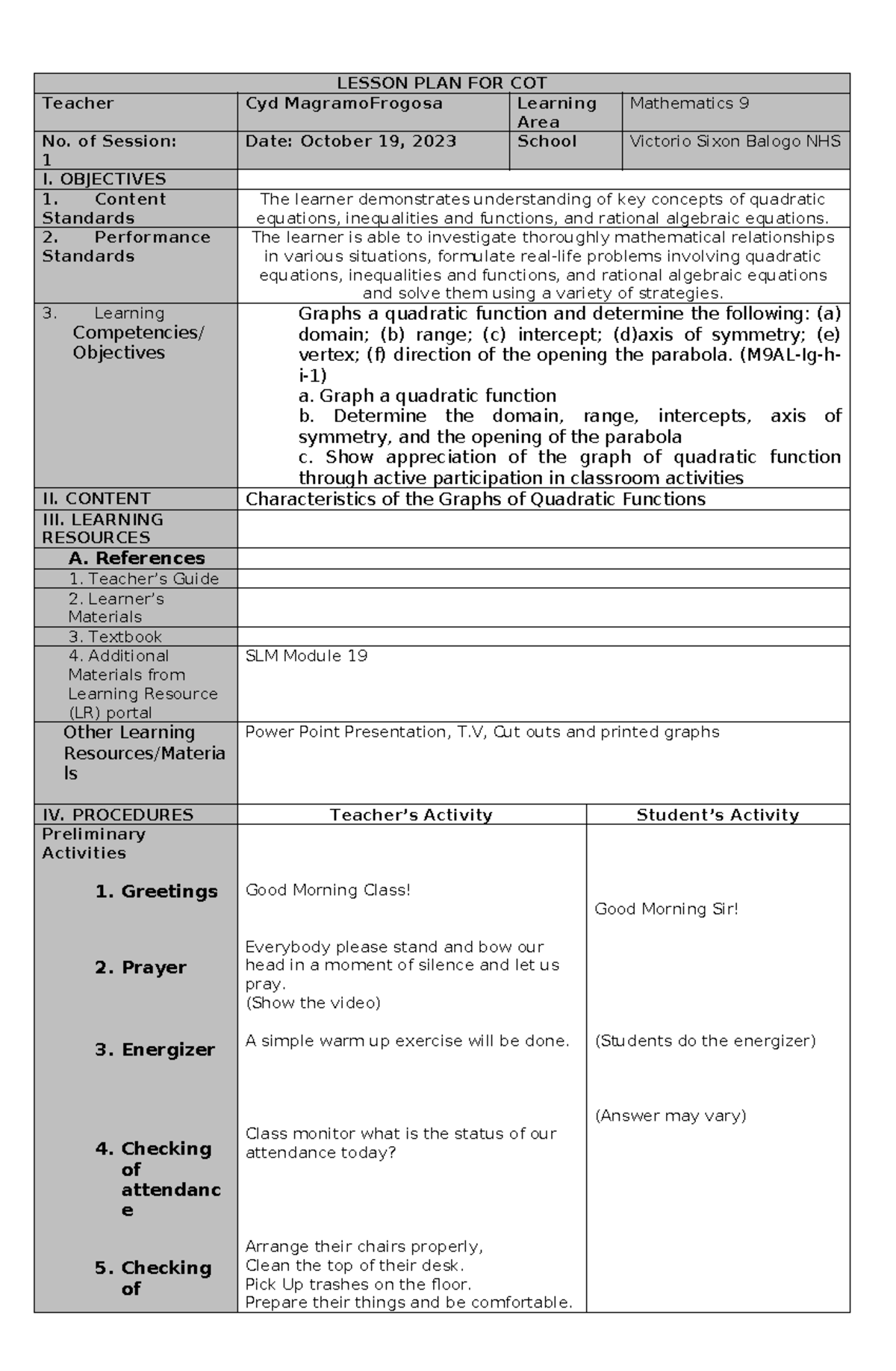 Lesson PLAN for Demo (COT) - LESSON PLAN FOR COT Teacher Cyd ...