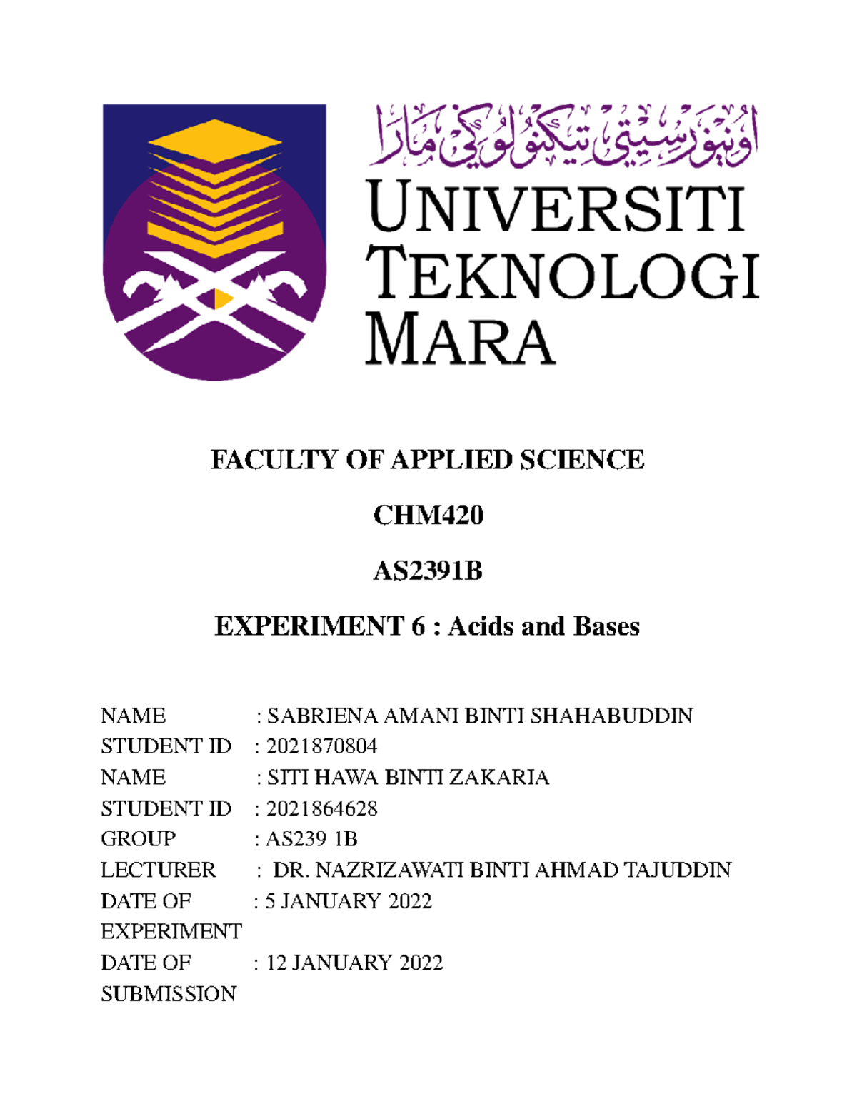 CHM420 Experiment 6 LAB Report ACID AND BASES - FACULTY OF APPLIED ...