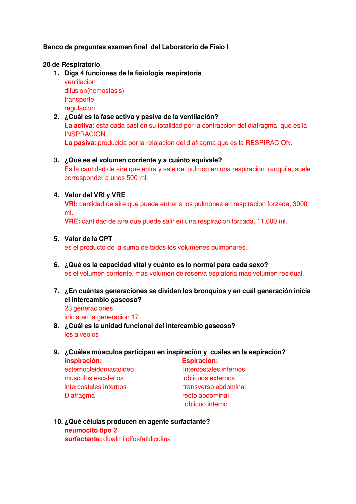 Repaso Examen Fisiologia Completo Banco De Preguntas Examen Final Del Laboratorio De Fisio I