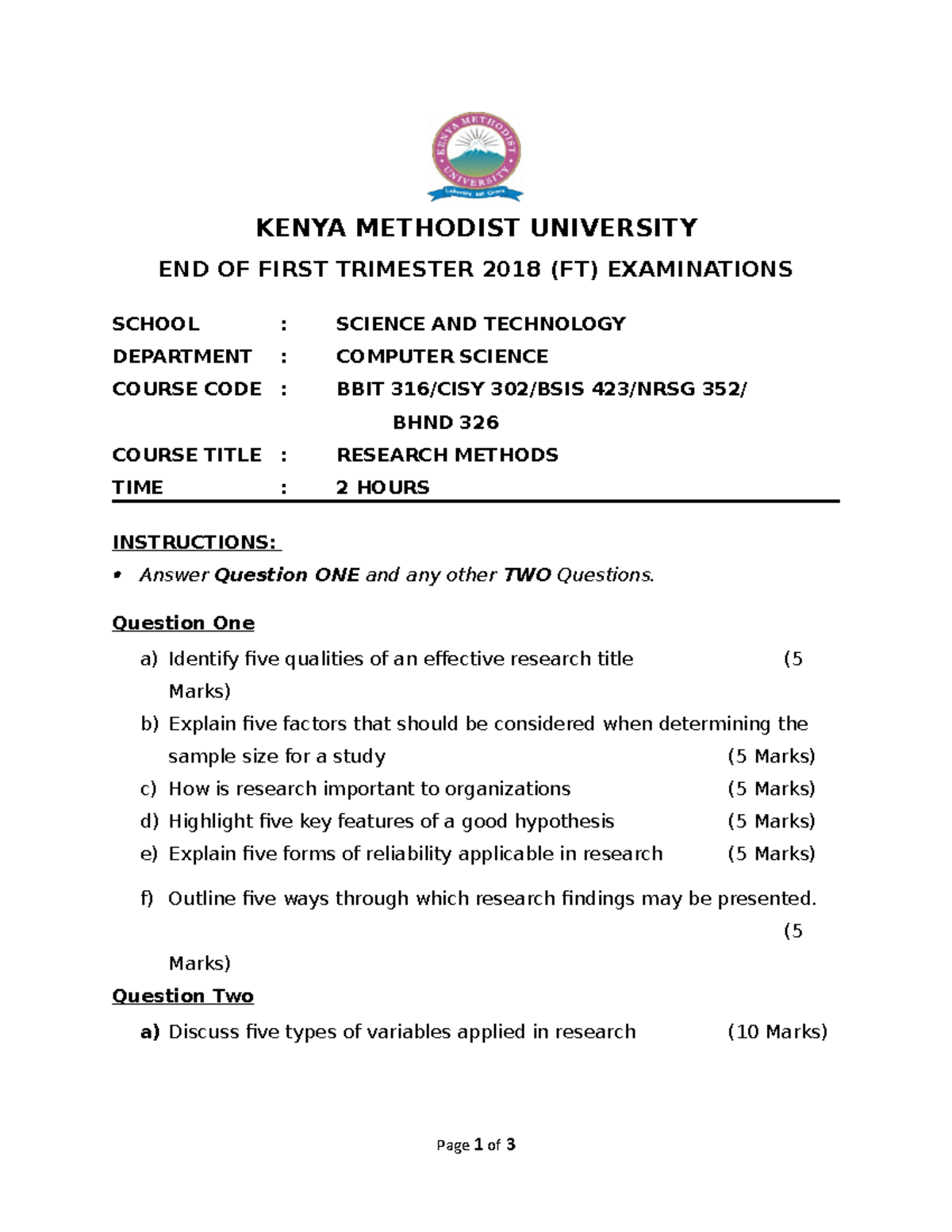 Research Methods (BBIT 316)(CISY 302)(BSIS 423)(NRSG 352)(BHND 326) 1ST ...