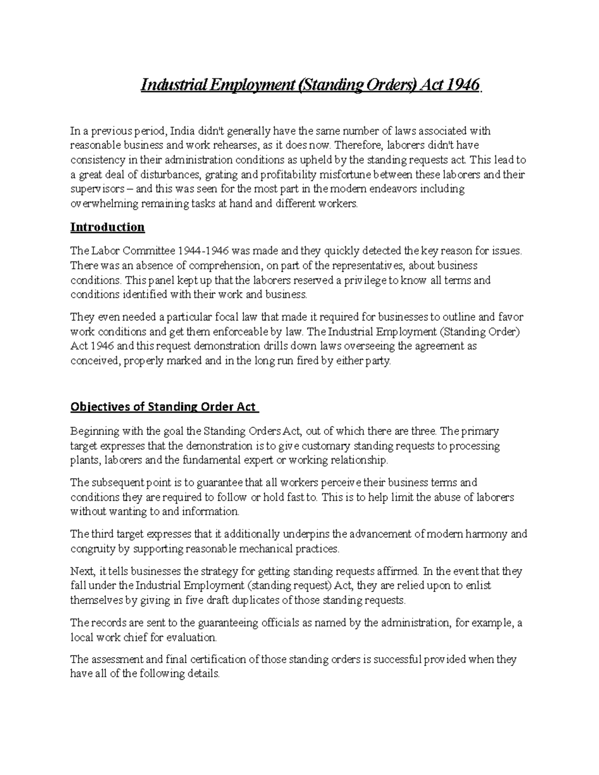 Standing Orders law notes Industrial Employment (Standing Orders