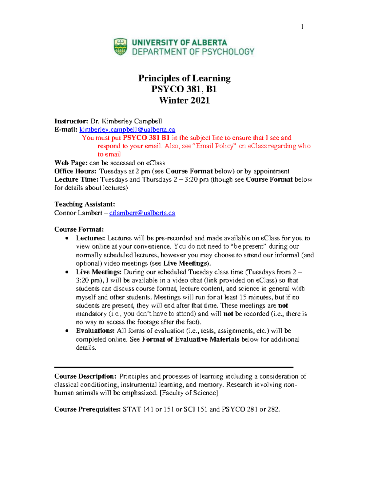 Psyco 381 B1 - Winter 2021 - Syllabus - Principles Of Learning PSYCO ...