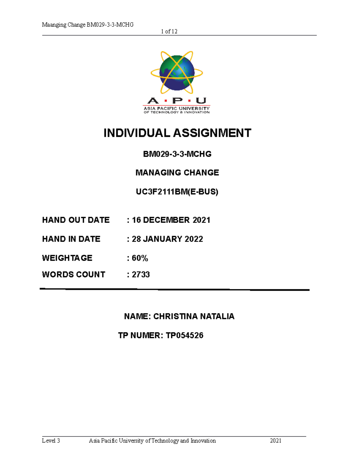 MCHG assignment - See the preview - 1 of 12 INDIVIDUAL ASSIGNMENT BM029 ...