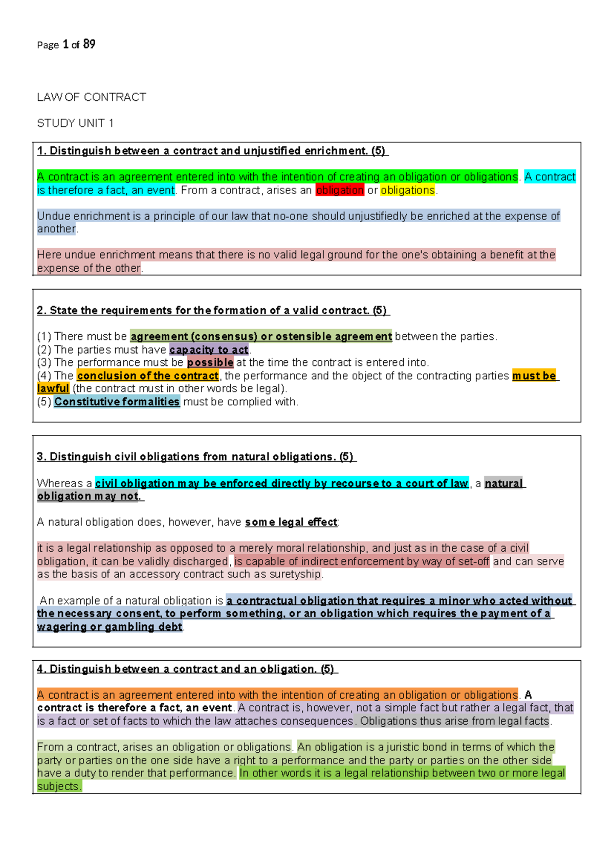 Contract Law notes - LAW OF CONTRACT STUDY UNIT 1 Distinguish between a ...