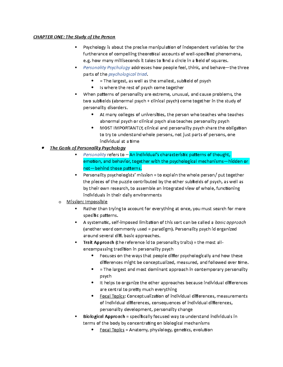 Chap 1 Notes (psy-3590) - CHAPTER ONE: The Study of the Person ...