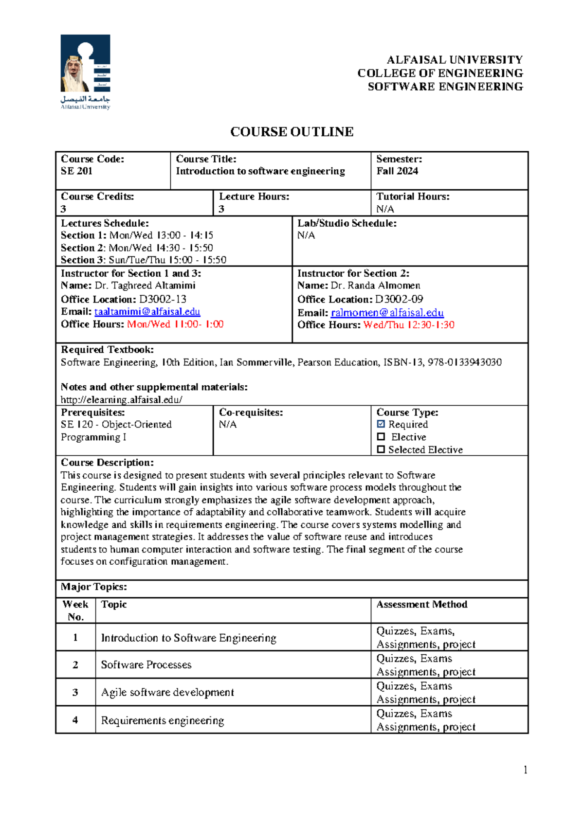 2024 course outline SE201 - COLLEGE OF ENGINEERING SOFTWARE ENGINEERING ...