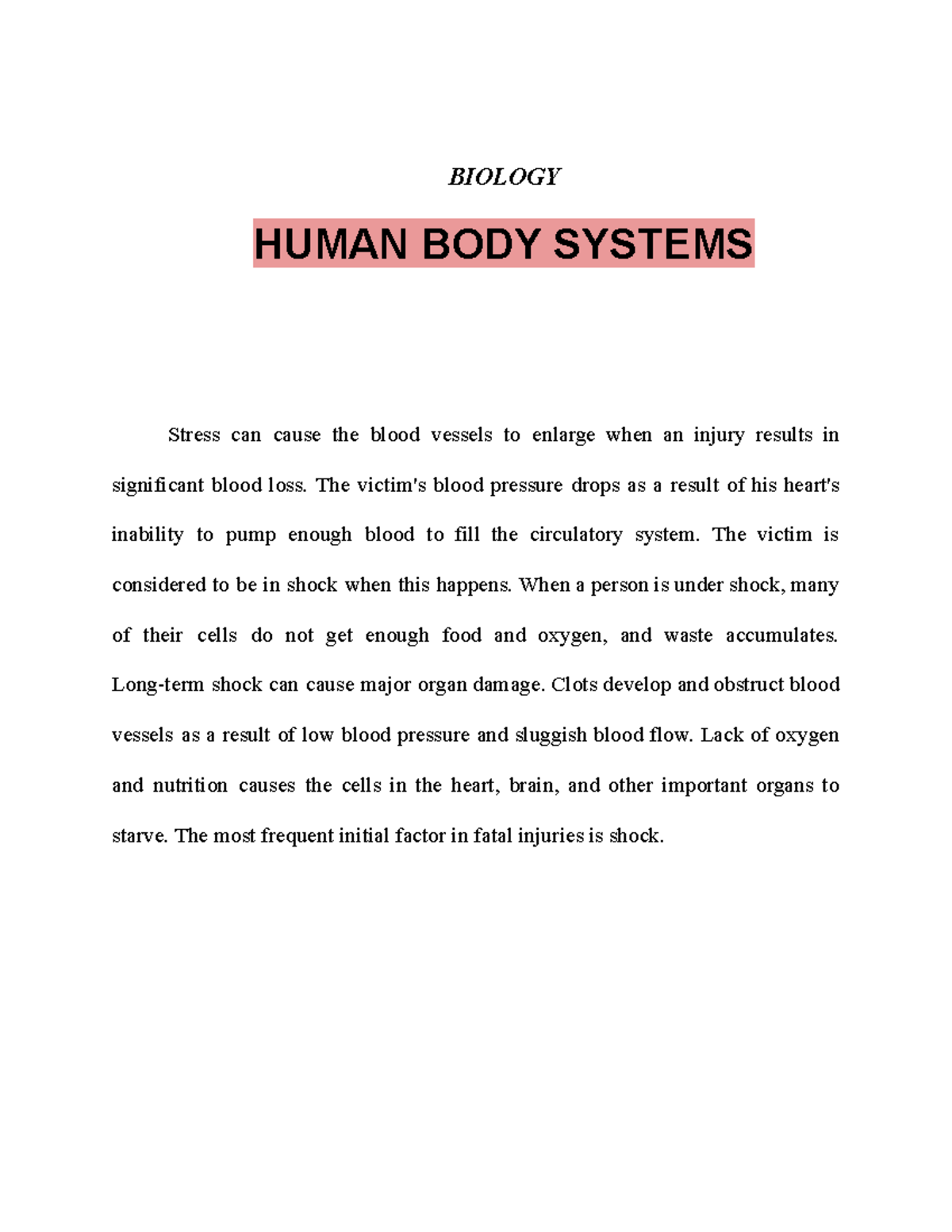 Biology - Human BODY Systems - BIOLOGY HUMAN BODY SYSTEMS Stress can ...