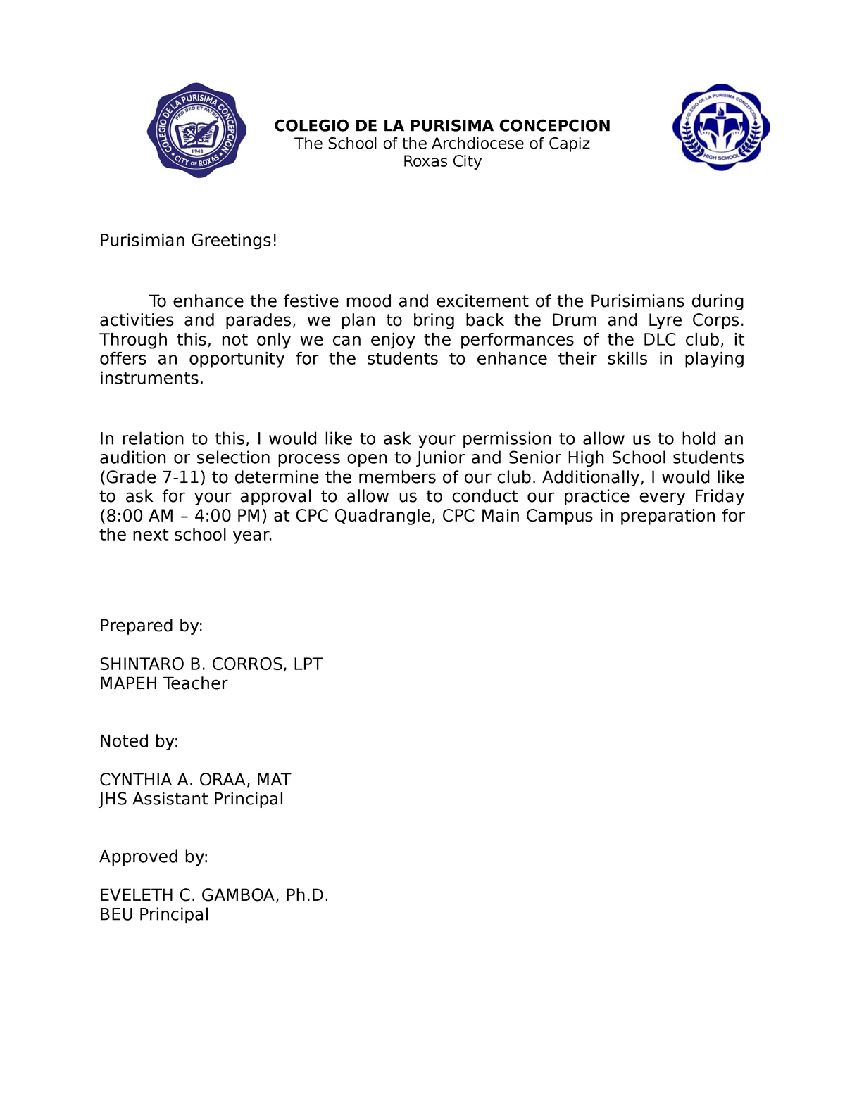 Drum And Lyre Corps Letter Colegio De La Purisima Concepcion The School Of The Archdiocese 