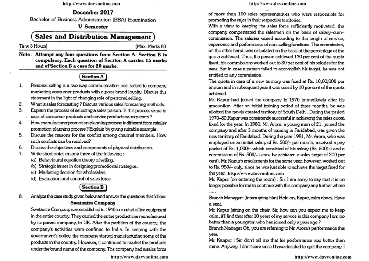 Bba 5 sem sales and distribution management dec 2017 - Bachleors of ...