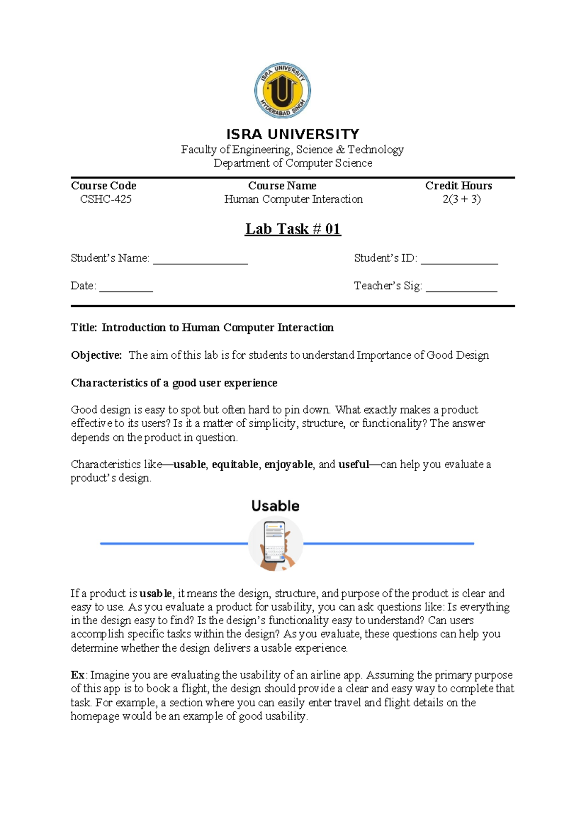 Lab1Jul2023 - Lab Task Week 1 - ISRA UNIVERSITY Faculty of Engineering ...