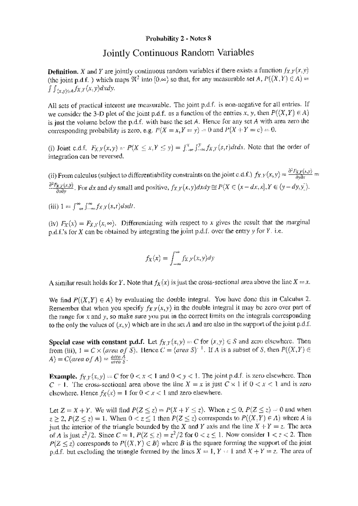 Notes 8-09scan - Jointly Continuous Random Variables - Probability 2 ...