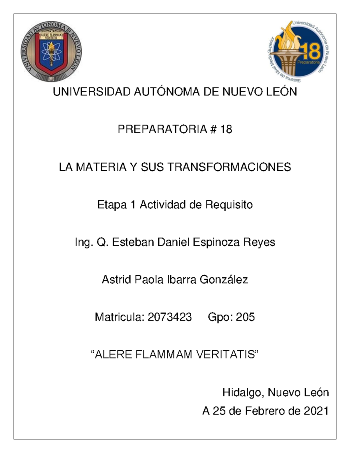 Actividad de Requisito Etapa 1 La Materia y sus Transformaciones - UANL ...