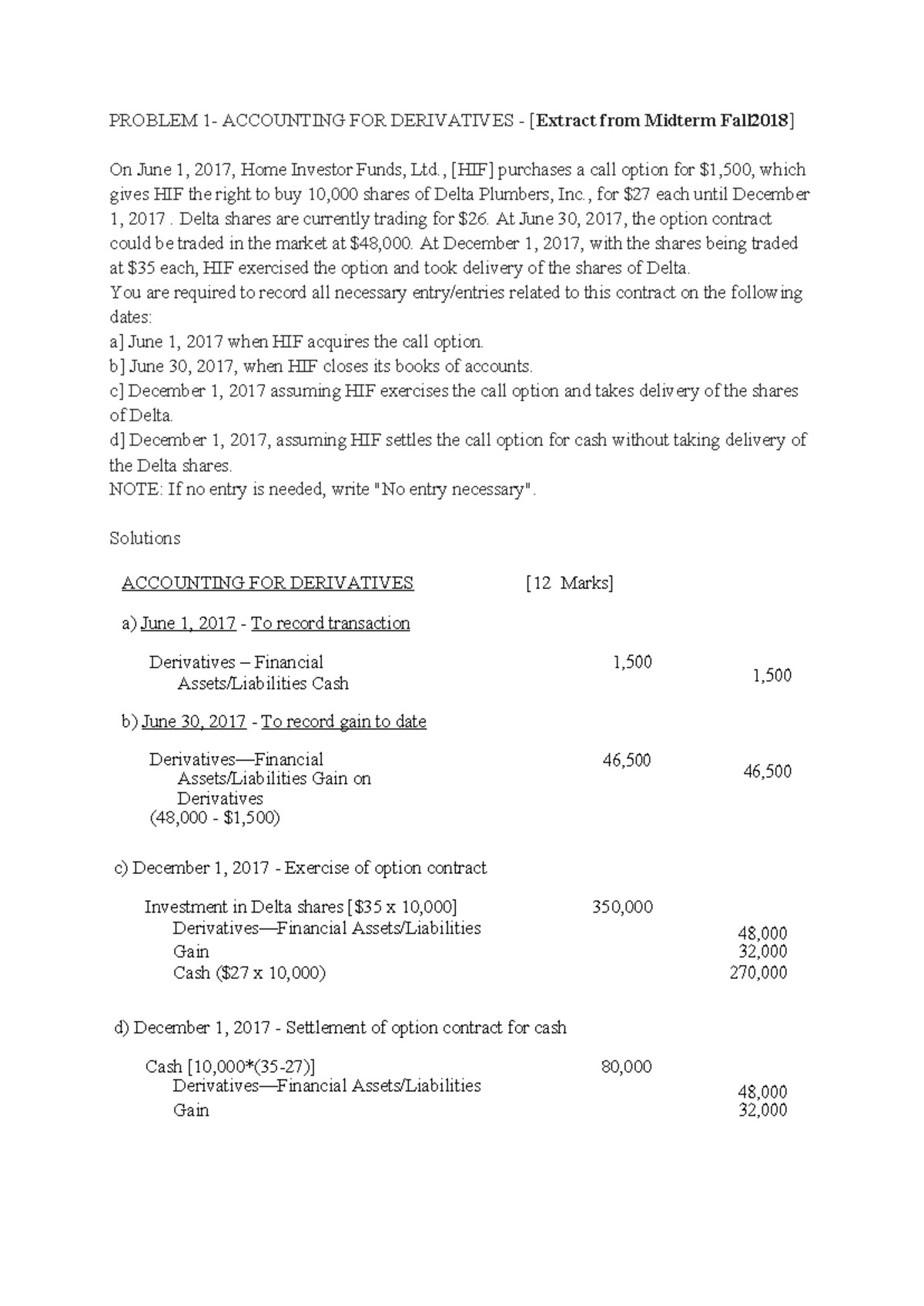 Derivative Question And Solution Past Exam Problem 1 Accounting For