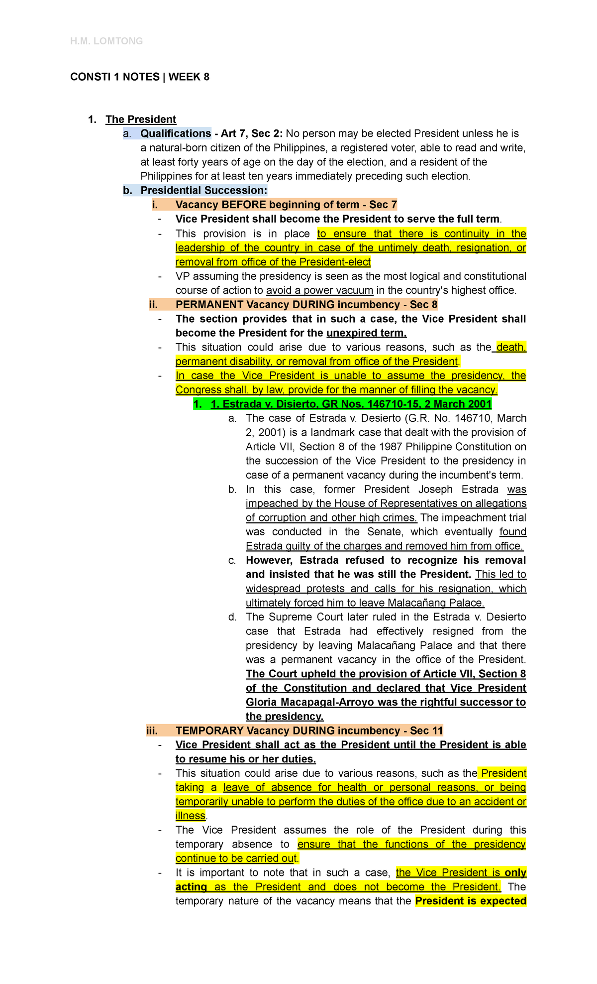 Constitutional Law 1 Notes Consti 1 Notes Week 8 The President A