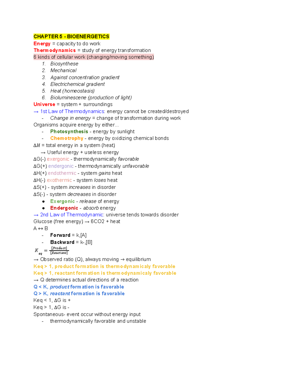 Molec Cell Notes Chapter 5-7 - CHAPTER 5 - BIOENERGETICS Energy ...