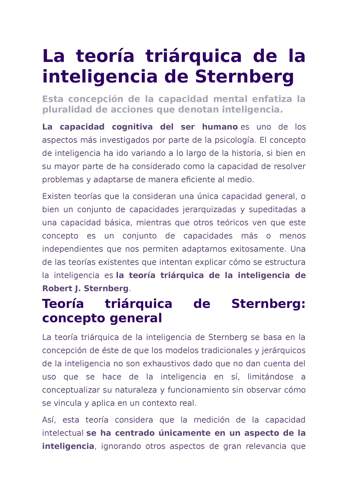 La teoría triárquica de la inteligencia de Sternberg - La teoría triárquica  de la inteligencia de - Studocu