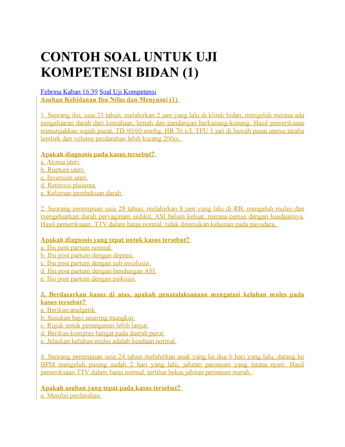 Contoh SOAL Untuk UJI Kompetensi Bidan - CONTOH SOAL UNTUK UJI ...