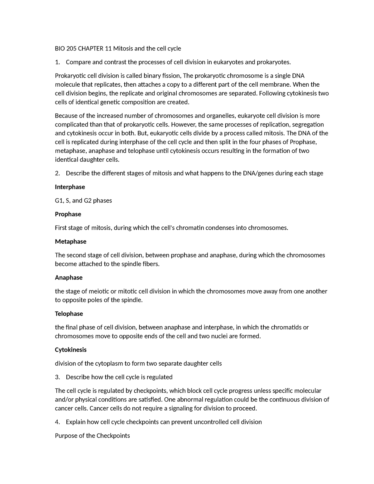 BIO 205 Chapter 11 Mitosis and the cell cycle - BIO 205 CHAPTER 11 ...