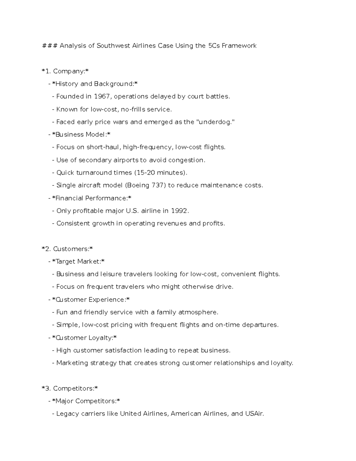 Southwest 1993 case analysis - Analysis of Southwest Airlines Case ...