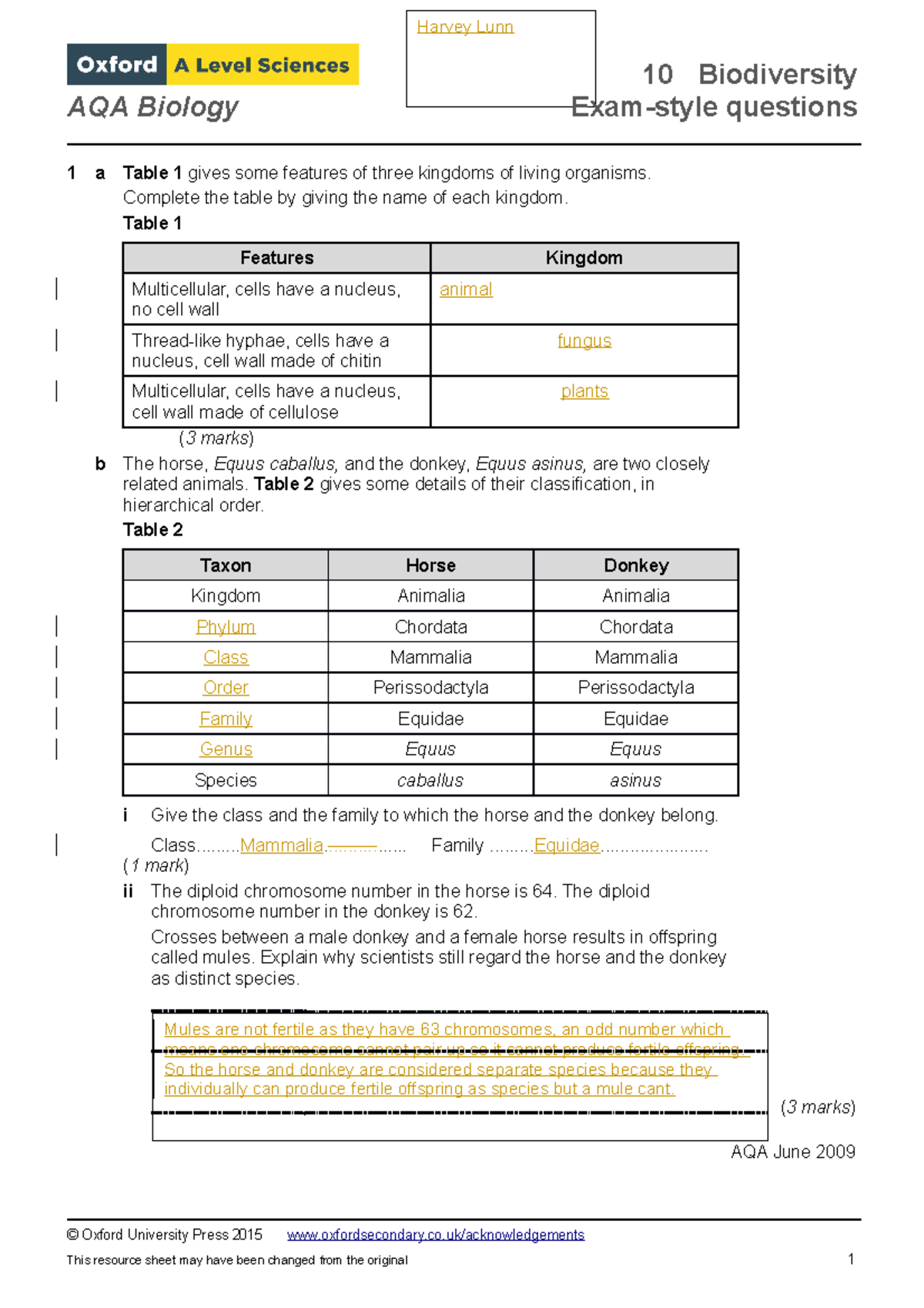 Biodiversity Exam Questions 2 3 - AQA Biology 1 A Table 1 Gives Some ...