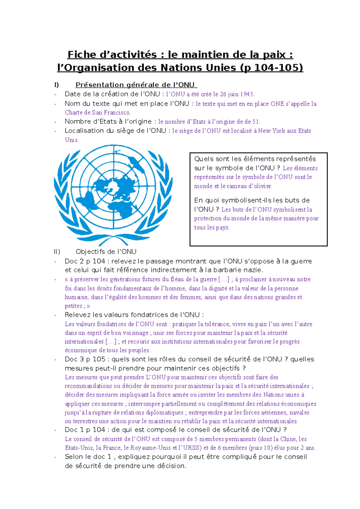 Fiche activites ONU - Fiche d’activités : le maintien de la paix : l ...