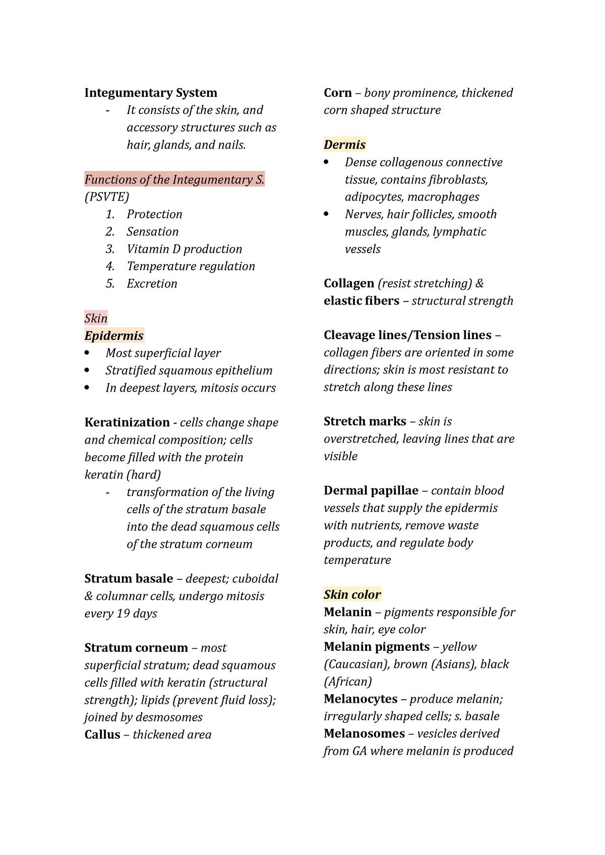 Integumentary System - Lecture Notes 4 - Integumentary System - It ...