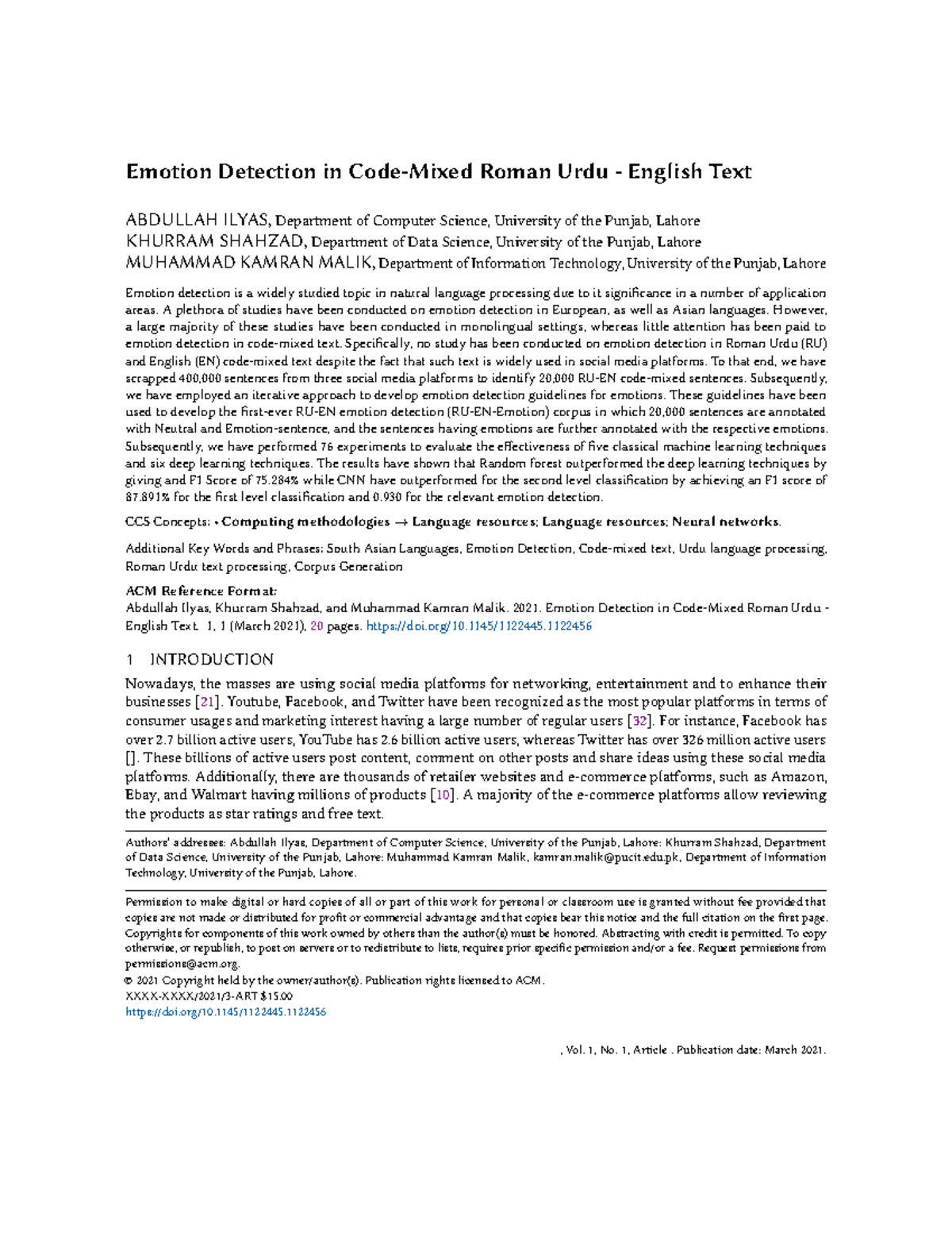 Emotion Detection in Code Mixed Roman Urdu English Text Emotion