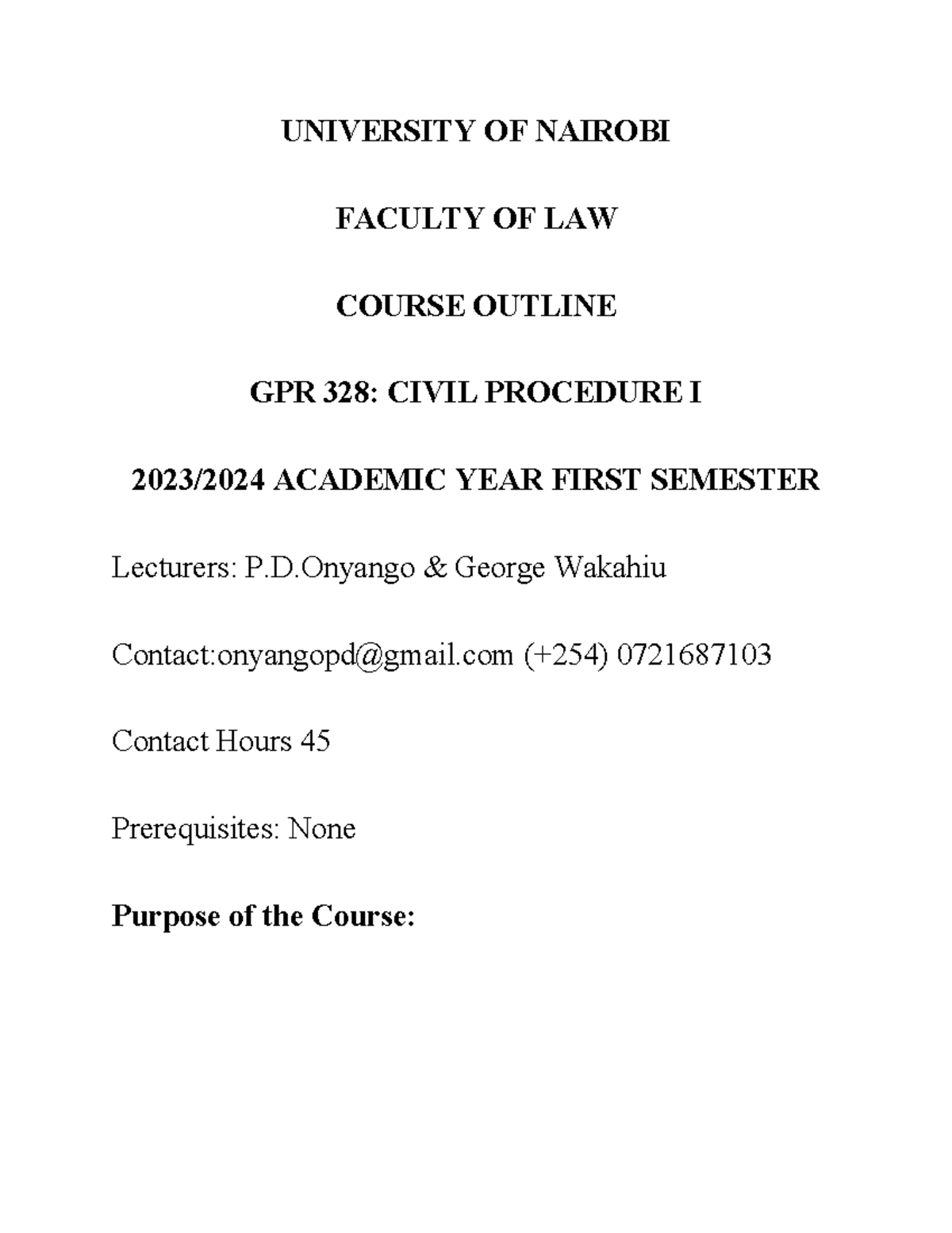 UON Civil Procedure Course Outline AND LECT 1 - UNIVERSITY OF NAIROBI ...