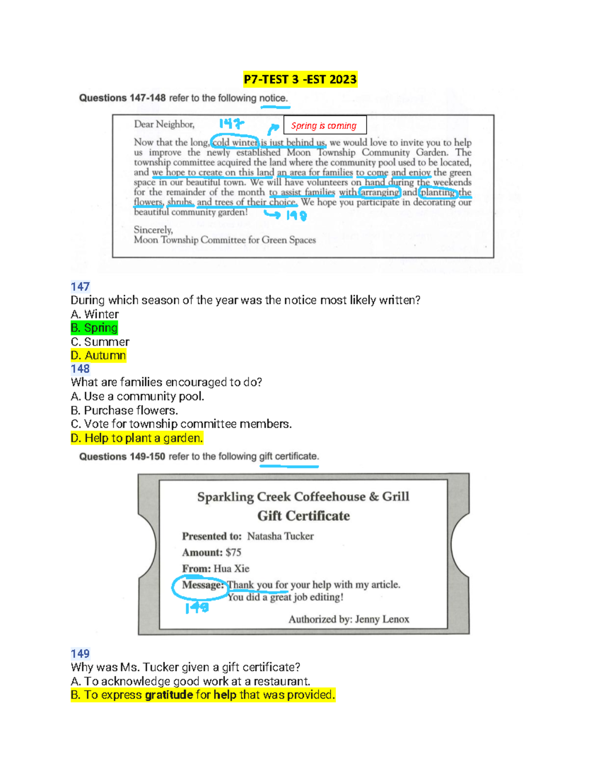 P7 -TEST 3-EST 2023 - P7-TEST 3 - EST 2023 147 During which season of ...