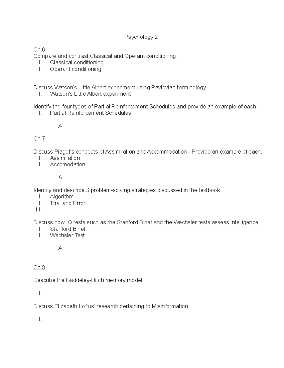 Potential Essay Questions on Exam 2 - Psychology 2 Ch. Compare and ...