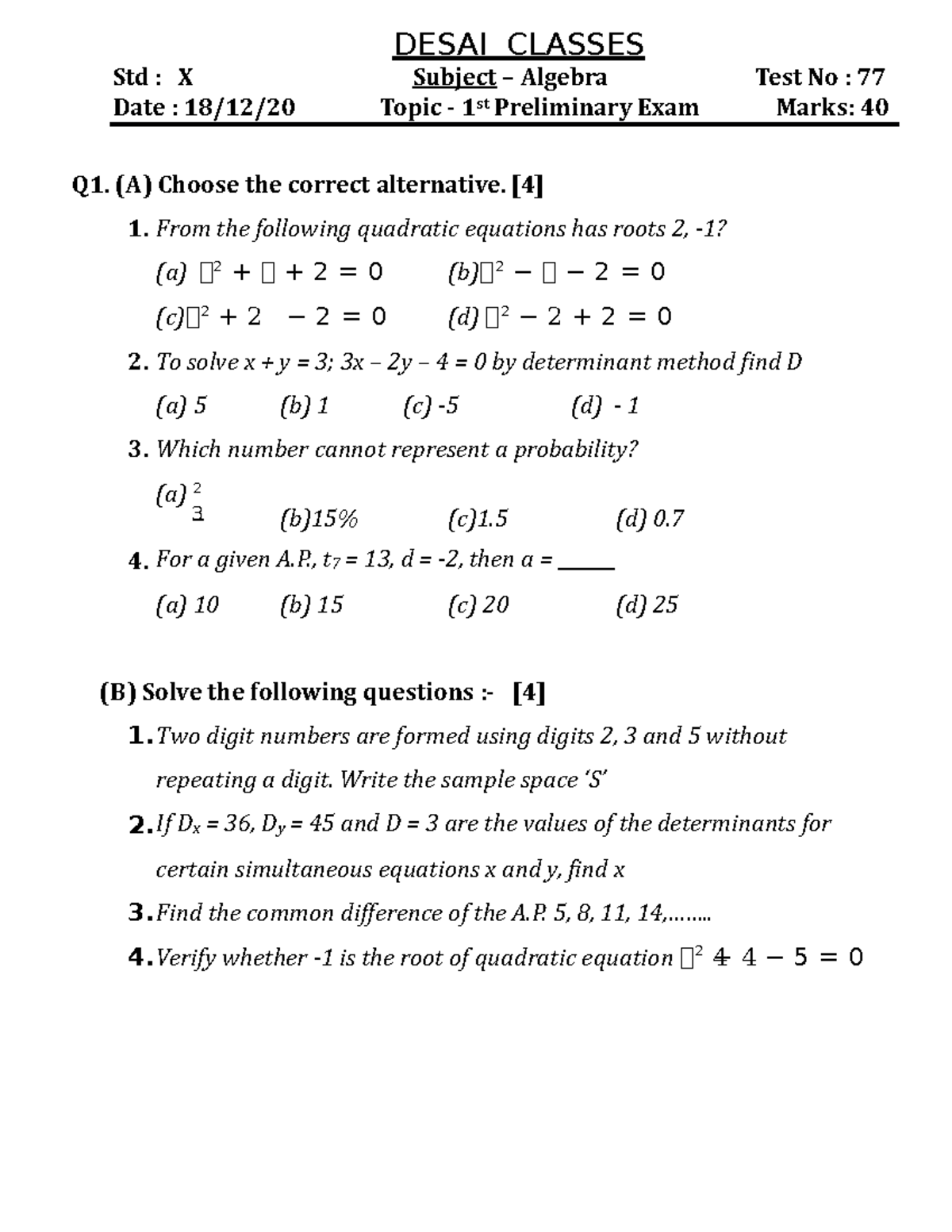 1st Prelim - Jade tutorials - DESAI CLASSES Std : X Subject – Algebra ...