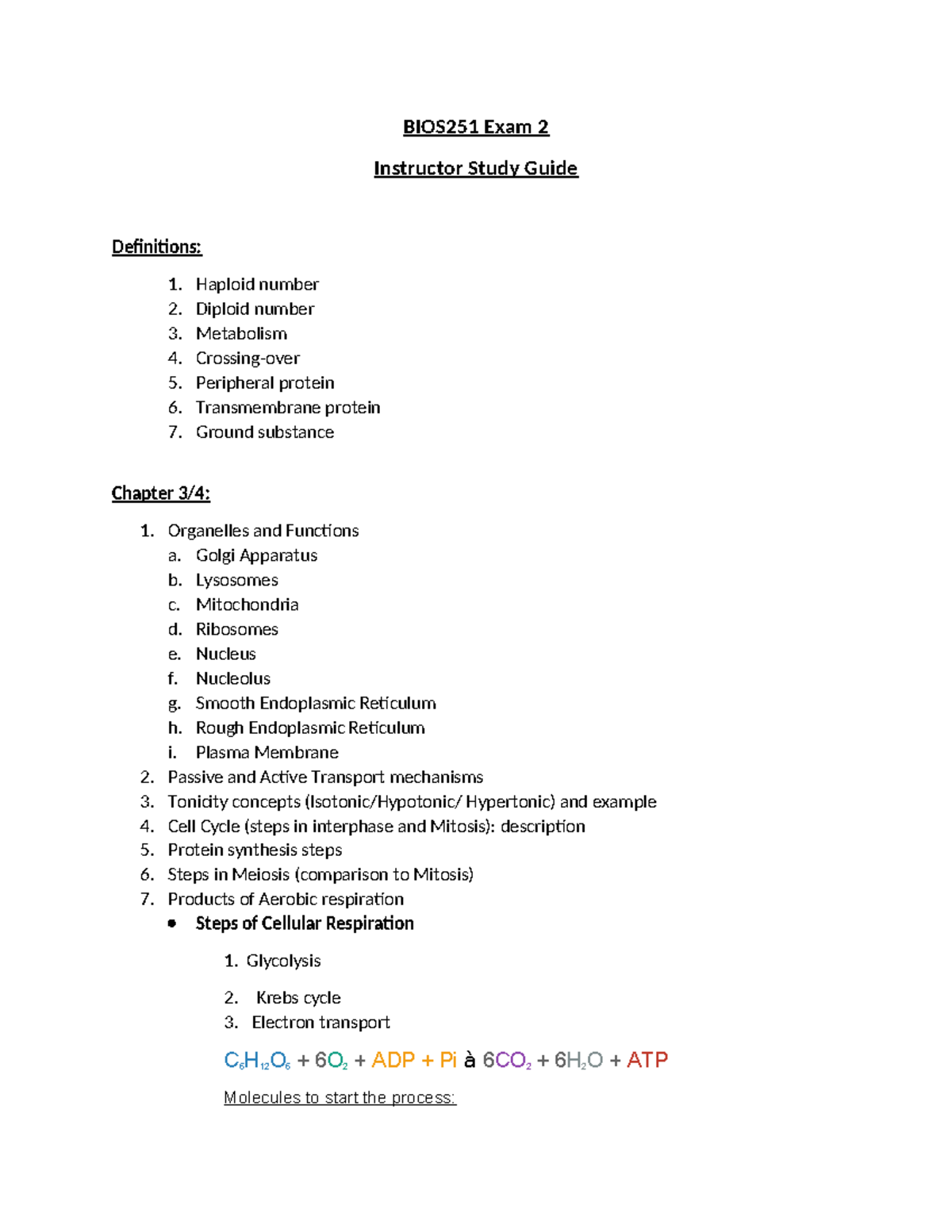 BIOS251 Exam 2 Instructor's Study Guide - BIOS251 Exam 2 Instructor ...