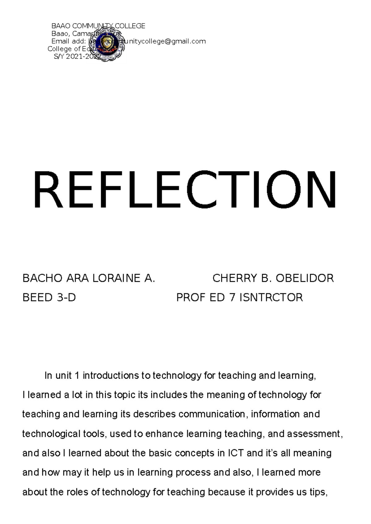 Reflection bacho beed 3d prof ed 7 - BAAO COMMUNITY COLLEGE Baao ...