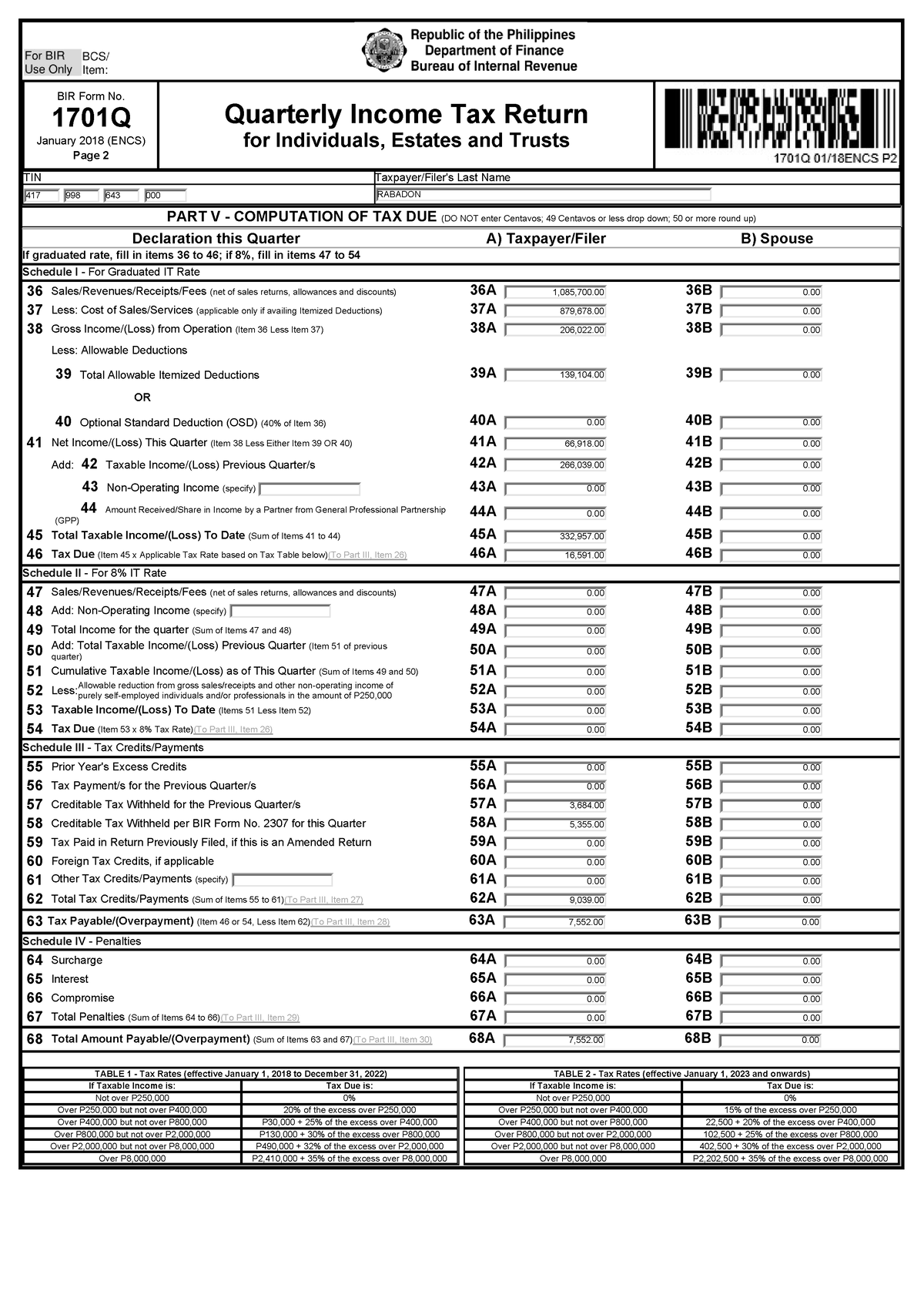 2 - Tax Returns - BIR Form No. 1701Q January 2018 (ENCS) Page 2 ...