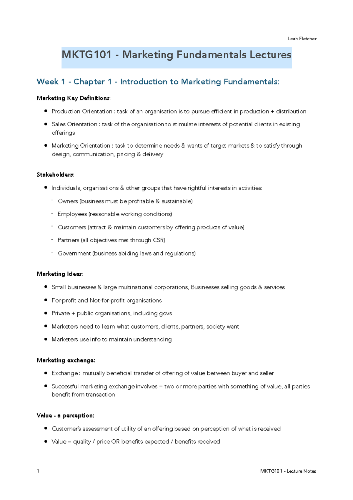 MKTG101 Lectures - Lecture notes 1-12 - MKTG101 - Marketing ...