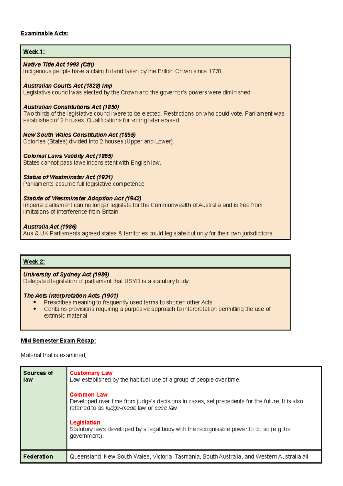 Midsem CLAW1001 Review - Examinable Acts: Week 1: Native Title Act 1993 ...