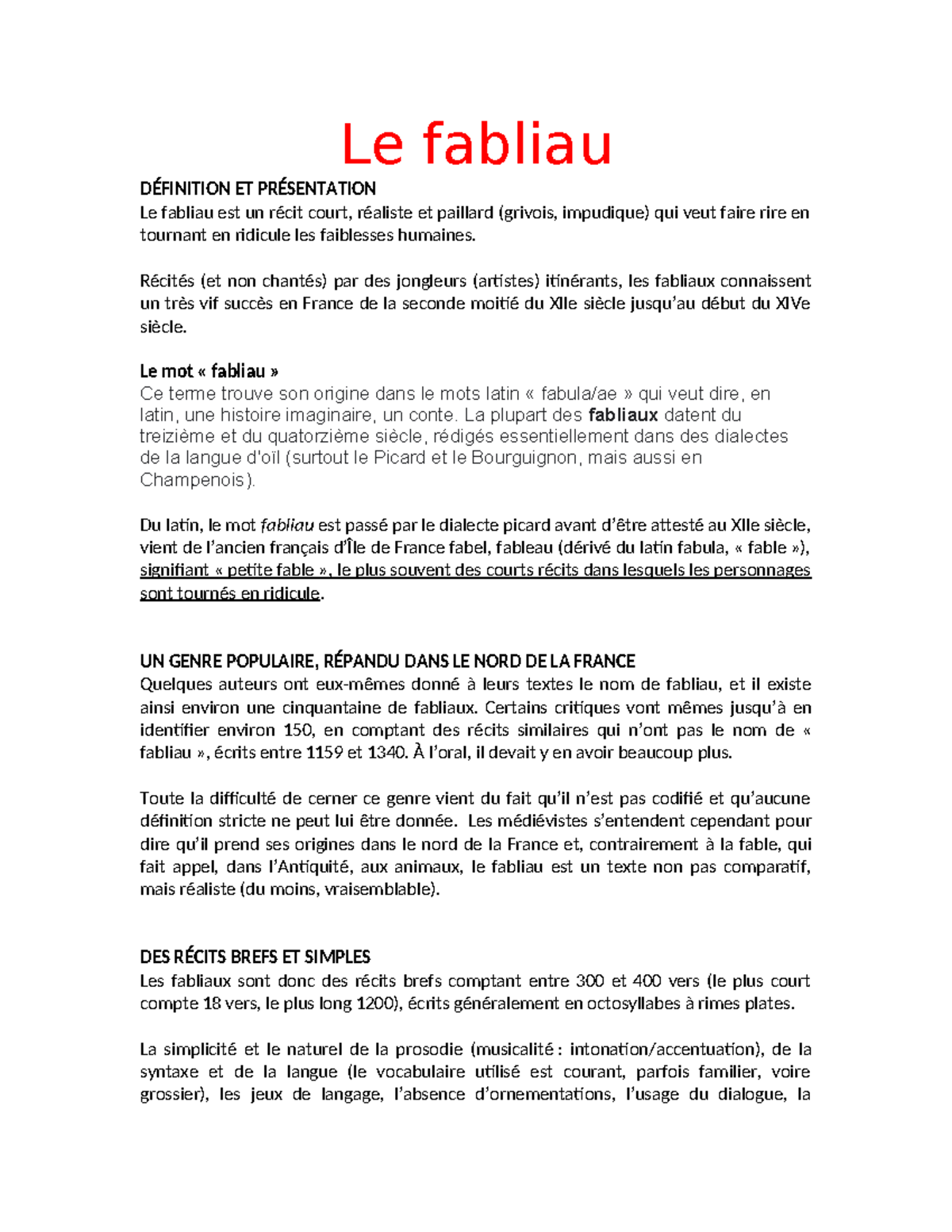 Le fabliau Espace Français Le fabliau DÉFINITION ET PRÉSENTATION Le