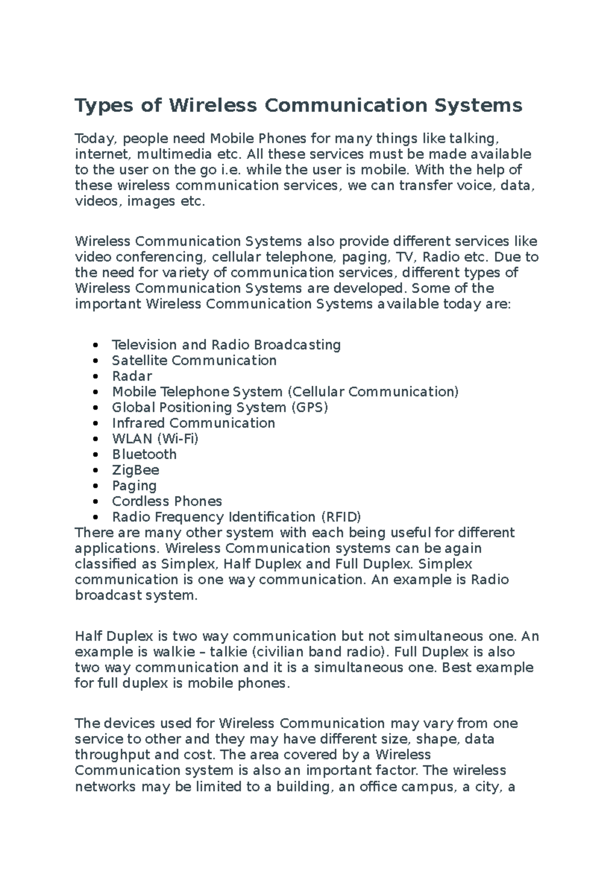 Types of Wireless Communication Systems - All these services must be ...