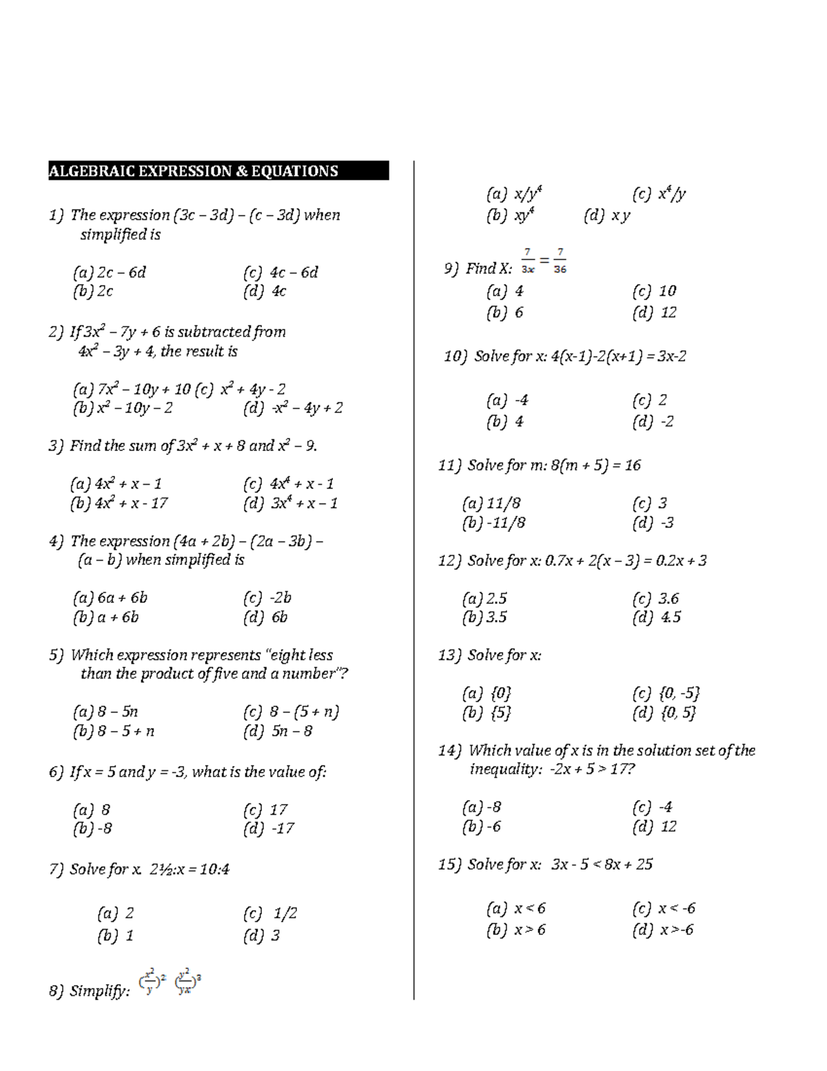 LET Reviewer Algebraic Expressions and Equations - ALGEBRAIC EXPRESSION ...