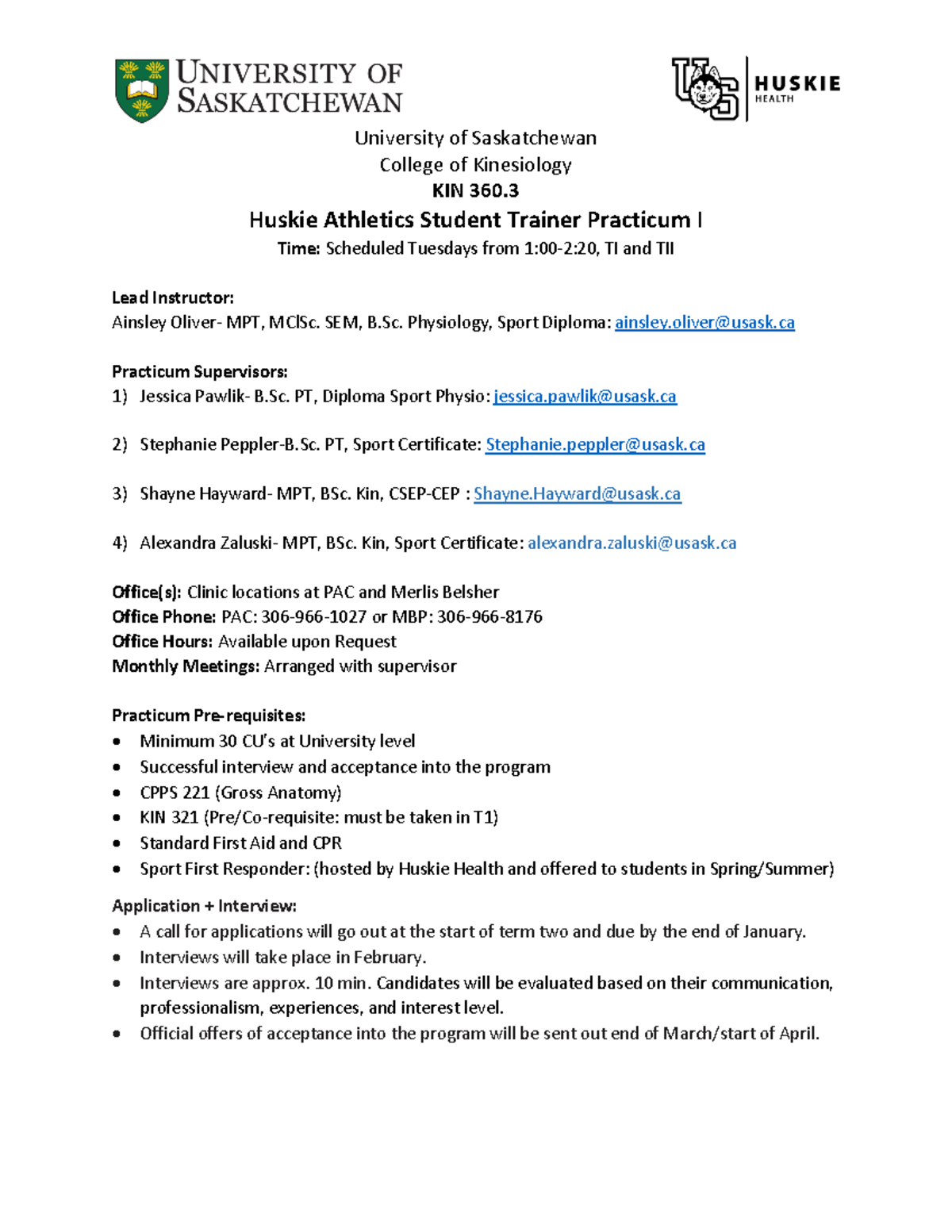 KIN 360 Huskie Athletics Student Trainer Practicum 1 Syllabus-23-24 ...