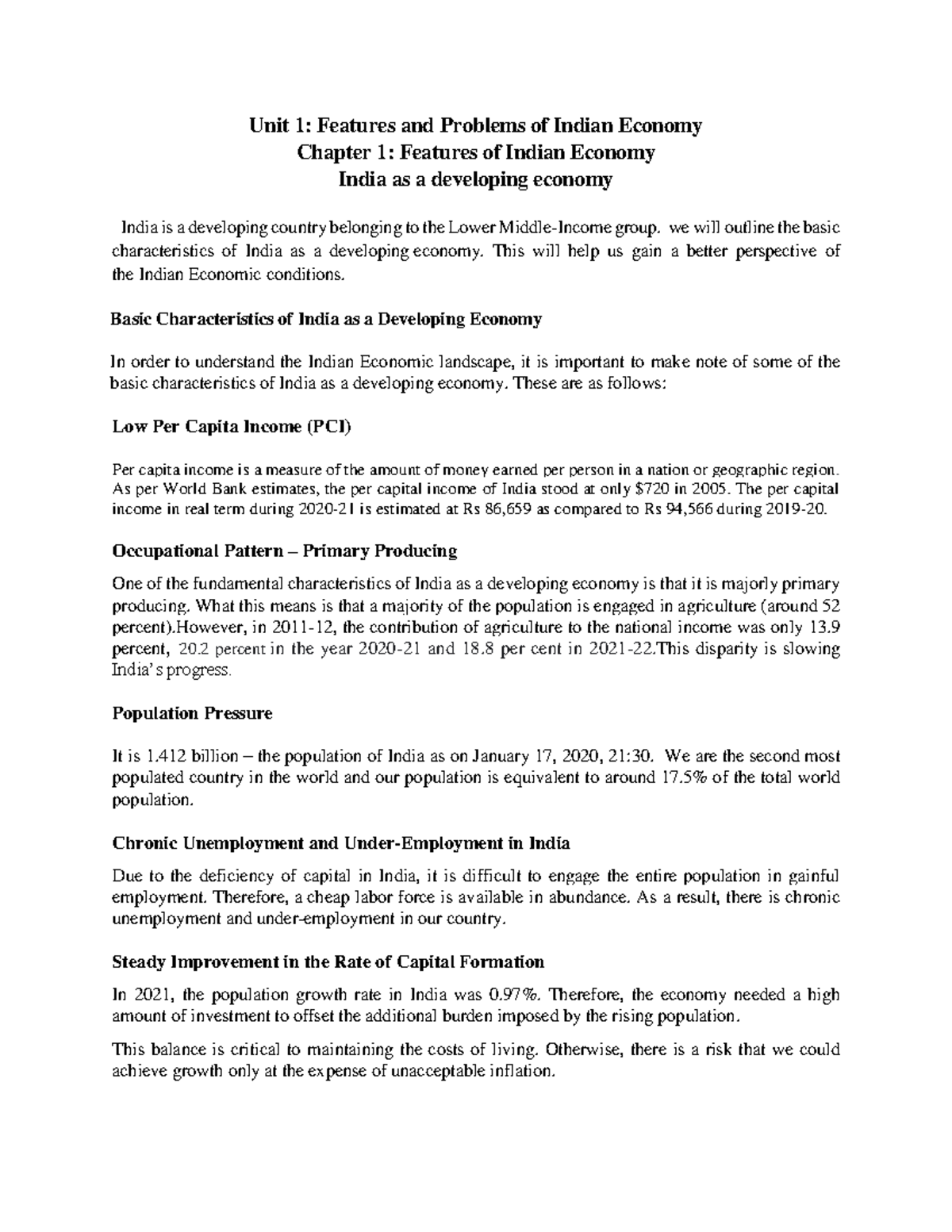 Economics chp 1 - Unit 1: Features and Problems of Indian Economy ...