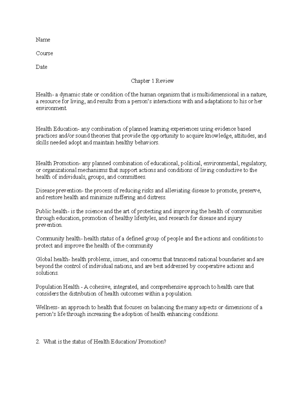 Norman CH 1 - worksheet - Name Course Date Chapter 1 Review Health- a ...