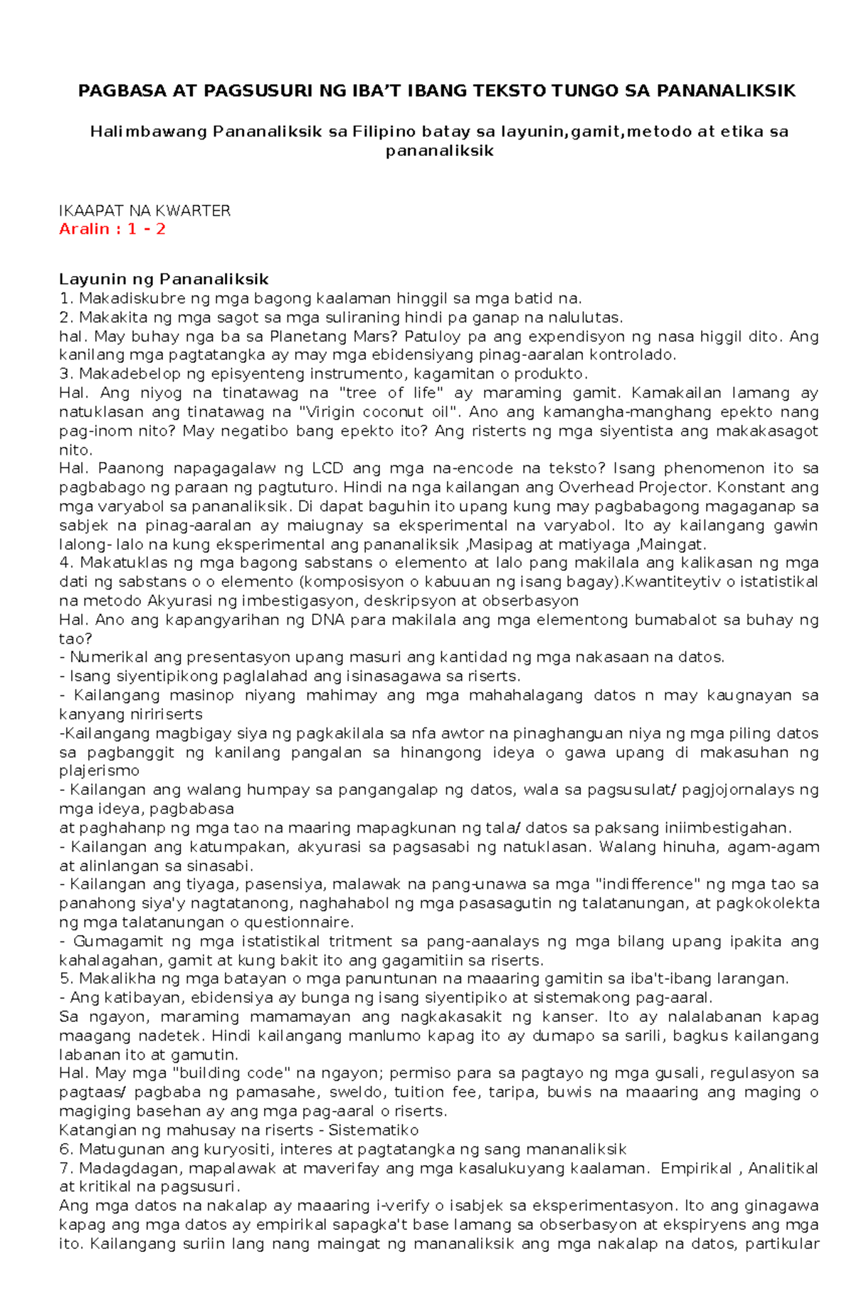 Q4 Pagbasa AT Pagsusuri Aralin 1 2 - PAGBASA AT PAGSUSURI NG IBA’T ...