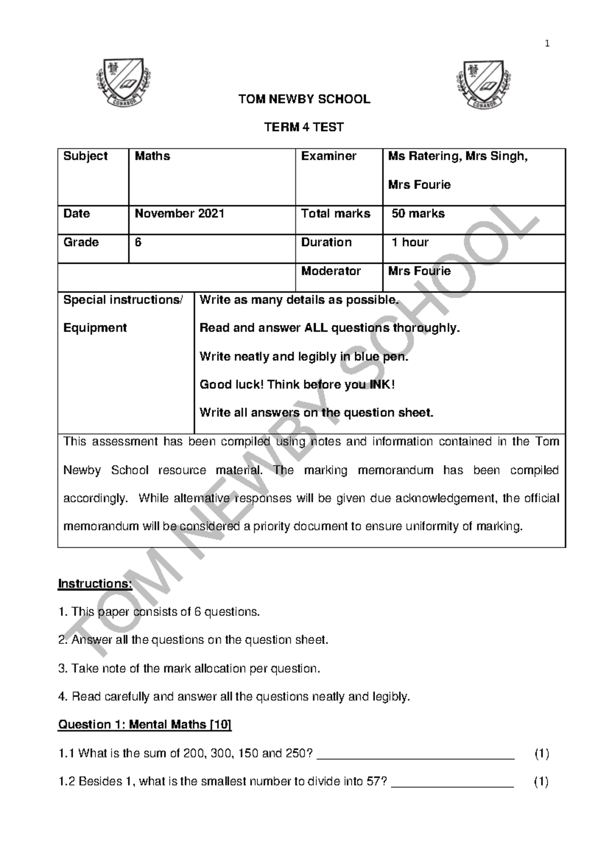 Grade 6 Maths Exam November 2021 - TOM NEWBY SCHOOL TERM 4 TEST Subject ...