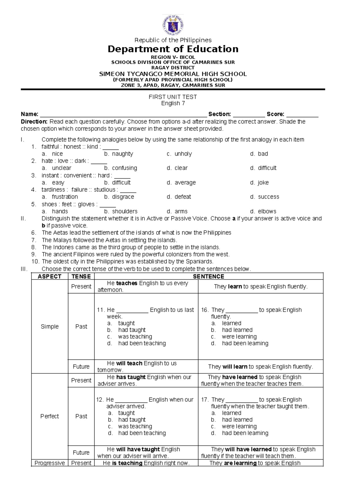 First Unit Test (Q1) - Assessment samples - Republic of the Philippines ...