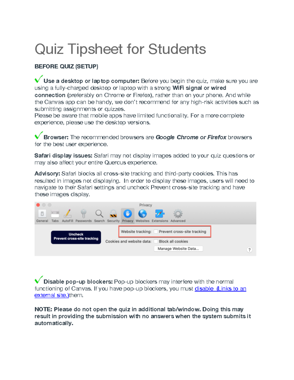 Quiz Tipsheet for Students Quiz Tipsheet for Students BEFORE QUIZ